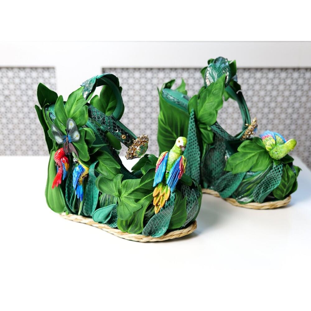 Dolce & Gabbana Jungle Parrot High Heel Wedge Sandals (IT 38, US8) RRP $6,395